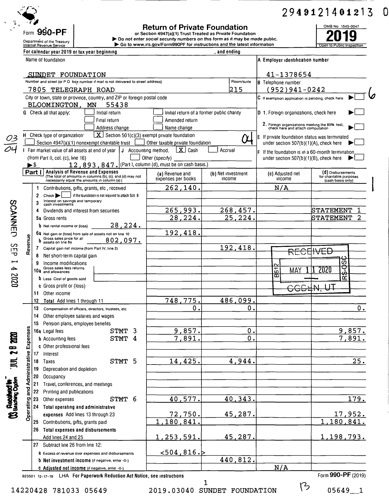 Image of first page of 2019 Form 990PR for Sundet Foundation