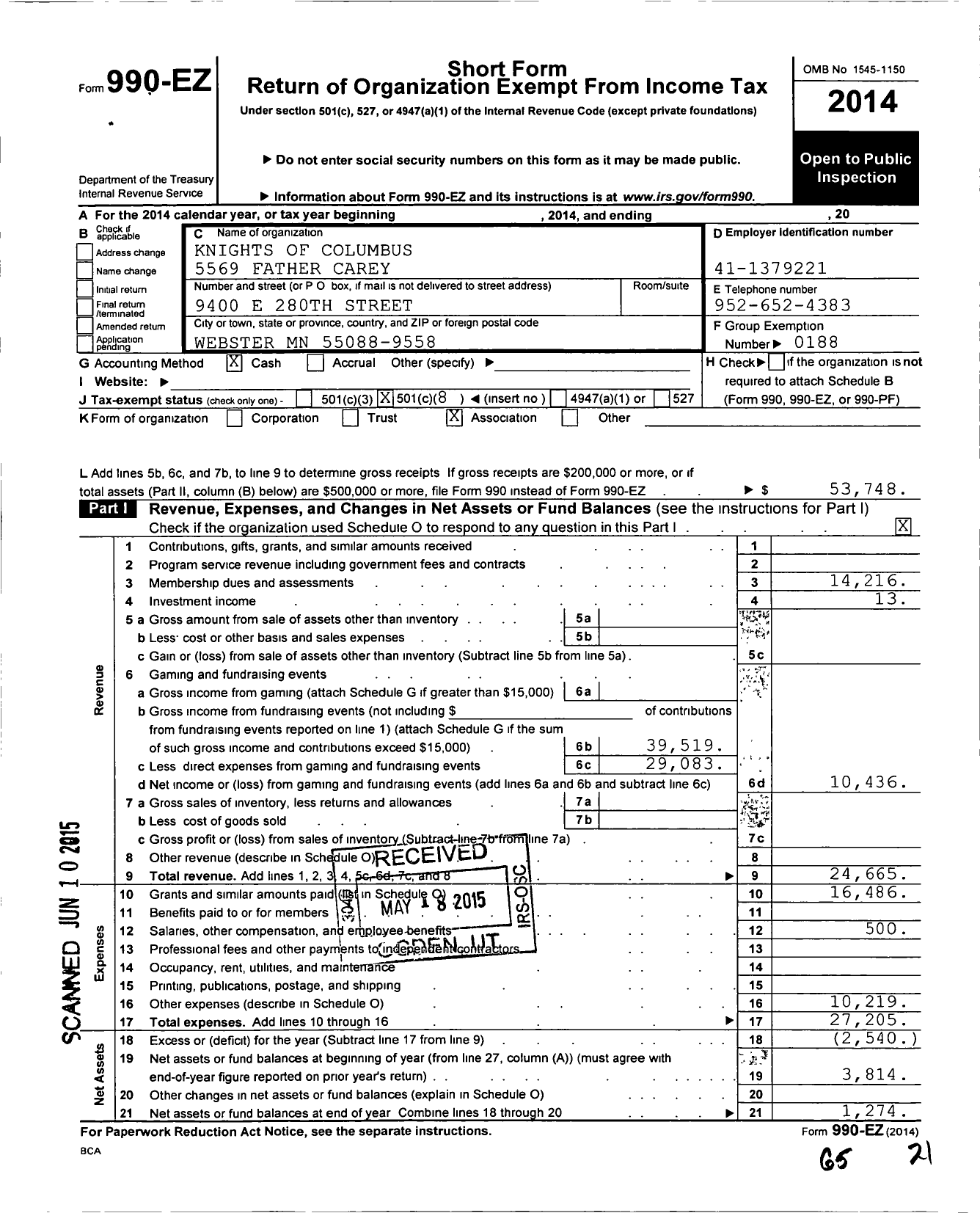 Image of first page of 2014 Form 990EO for Knights of Columbus - 5569 Father Carey