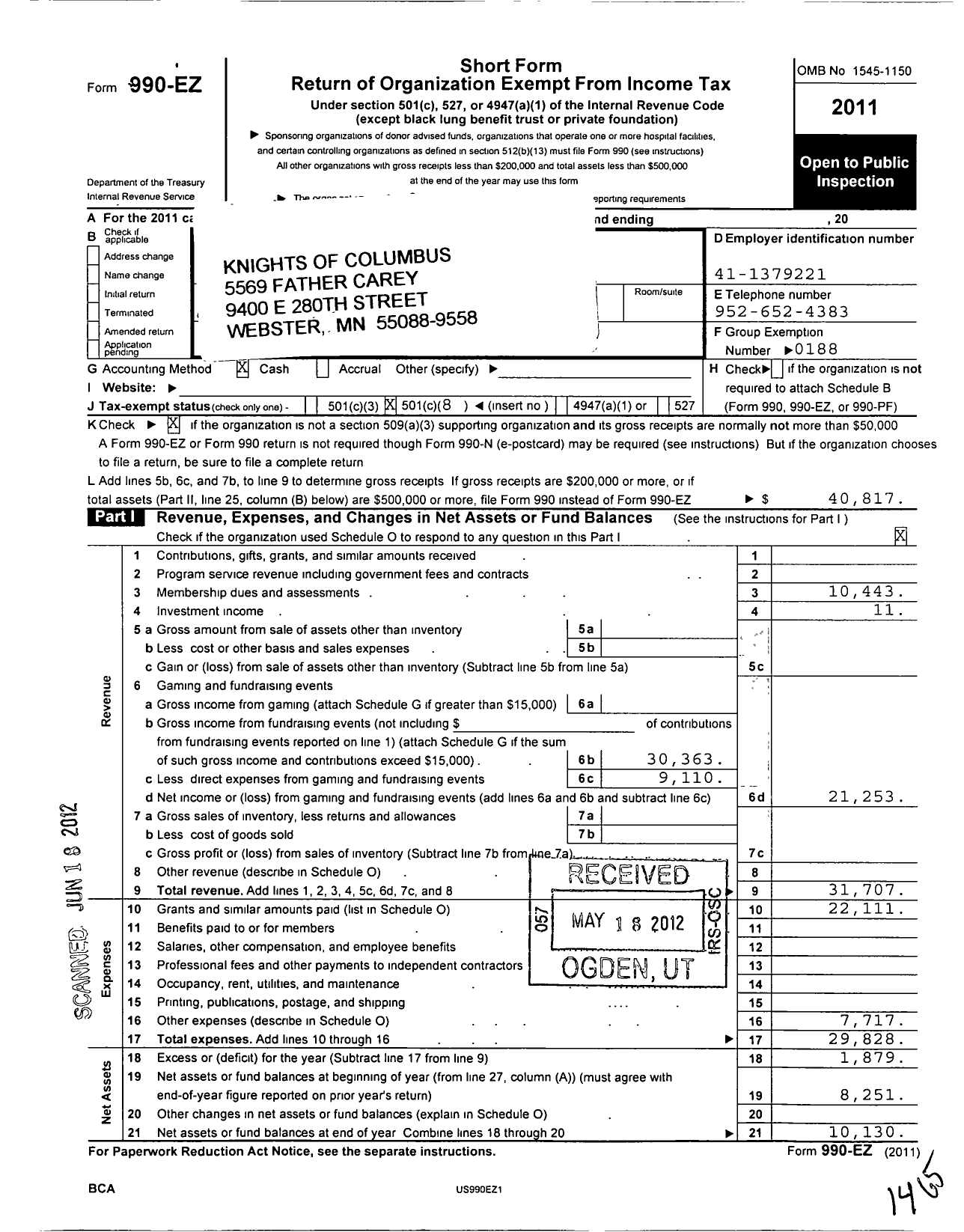 Image of first page of 2011 Form 990EO for Knights of Columbus - 5569 Father Carey