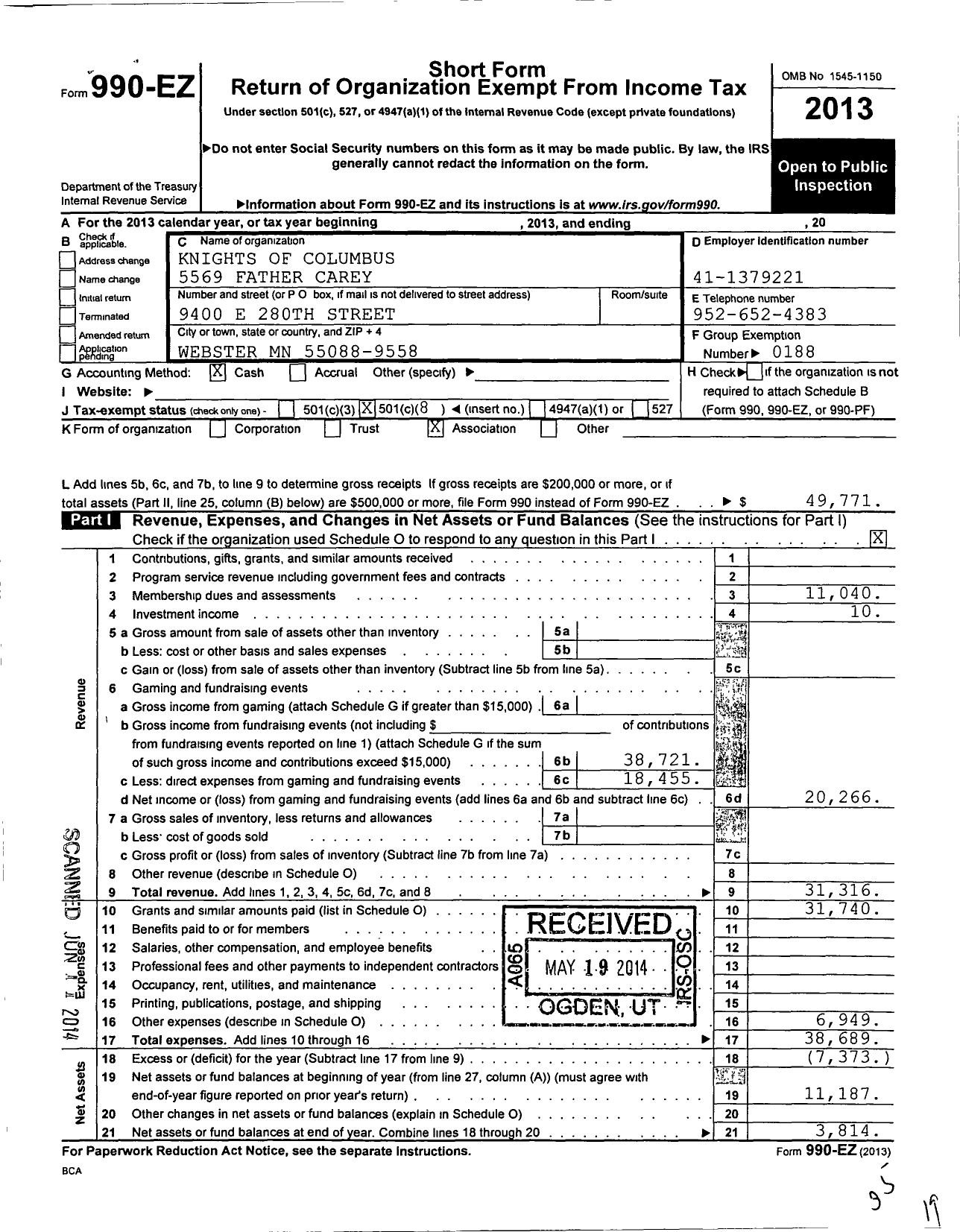 Image of first page of 2013 Form 990EO for Knights of Columbus - 5569 Father Carey