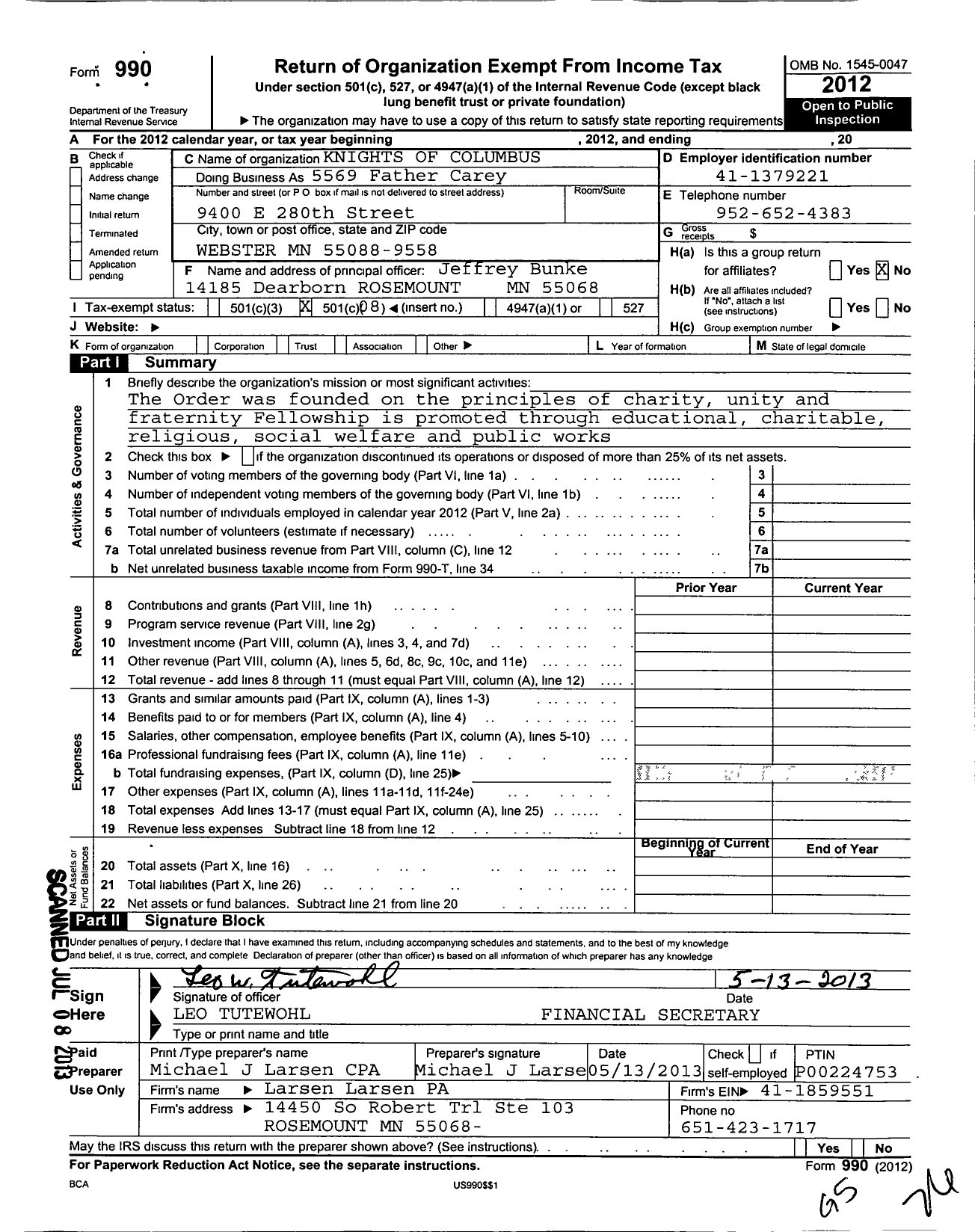 Image of first page of 2012 Form 990O for Knights of Columbus - 5569 Father Carey