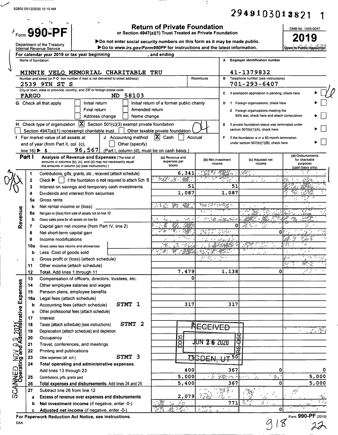 Image of first page of 2019 Form 990PF for Minnie Velo Memorial Charitable Trust