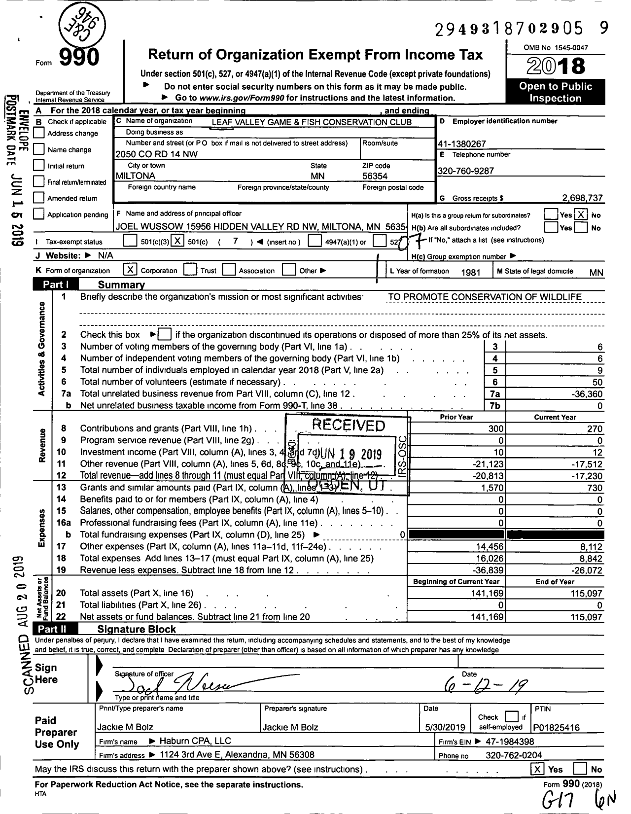 Image of first page of 2018 Form 990O for Leaf Valley Game and Fish Conservation Club