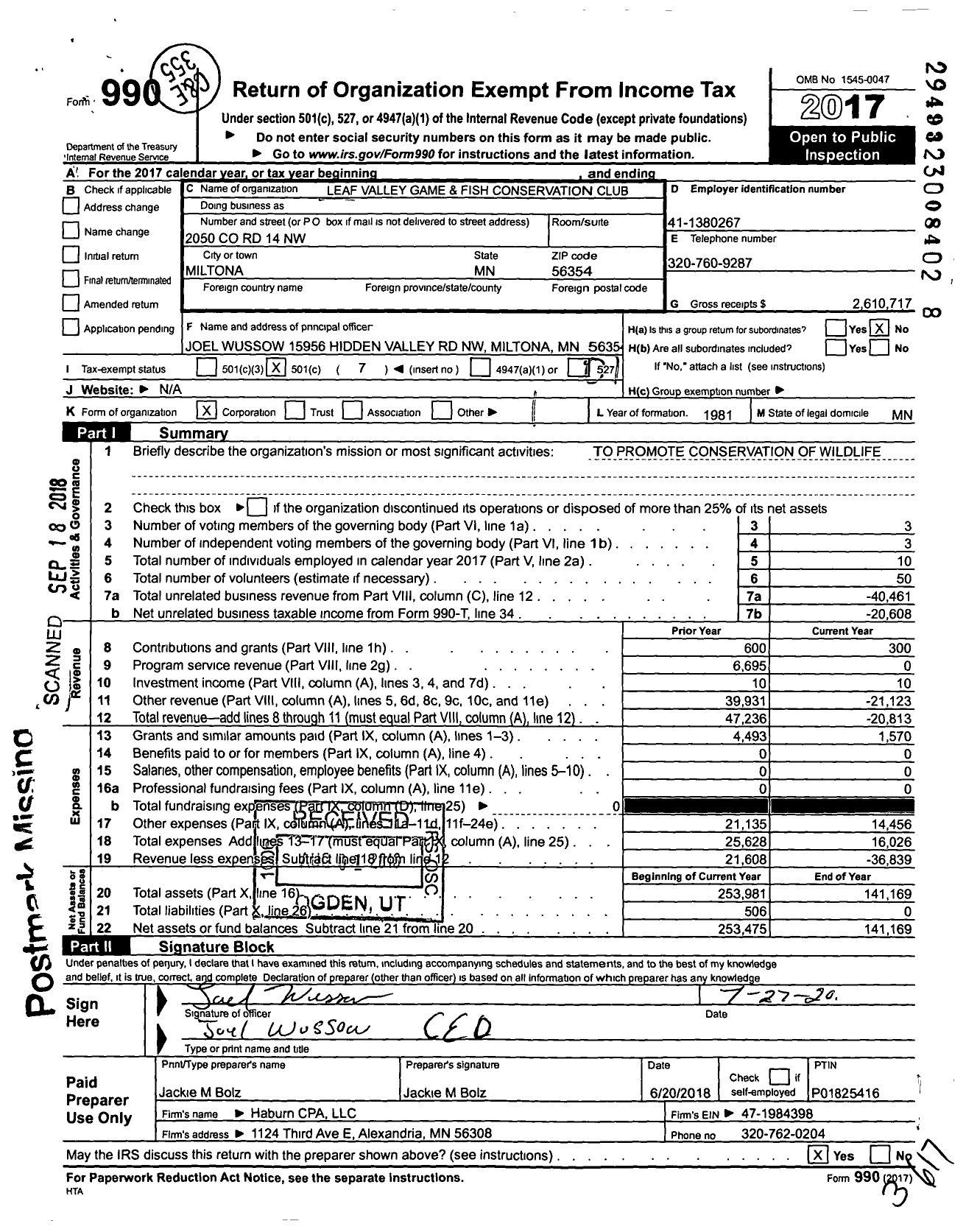 Image of first page of 2017 Form 990O for Leaf Valley Game and Fish Conservation Club