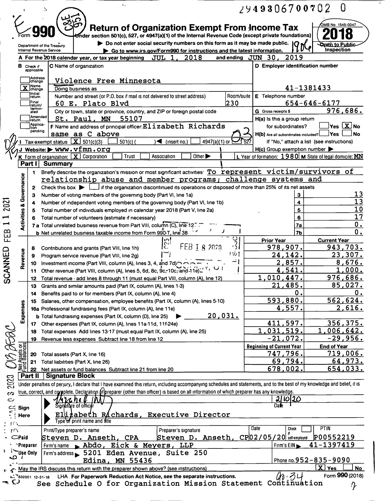 Image of first page of 2018 Form 990 for Violence Free Minnesota