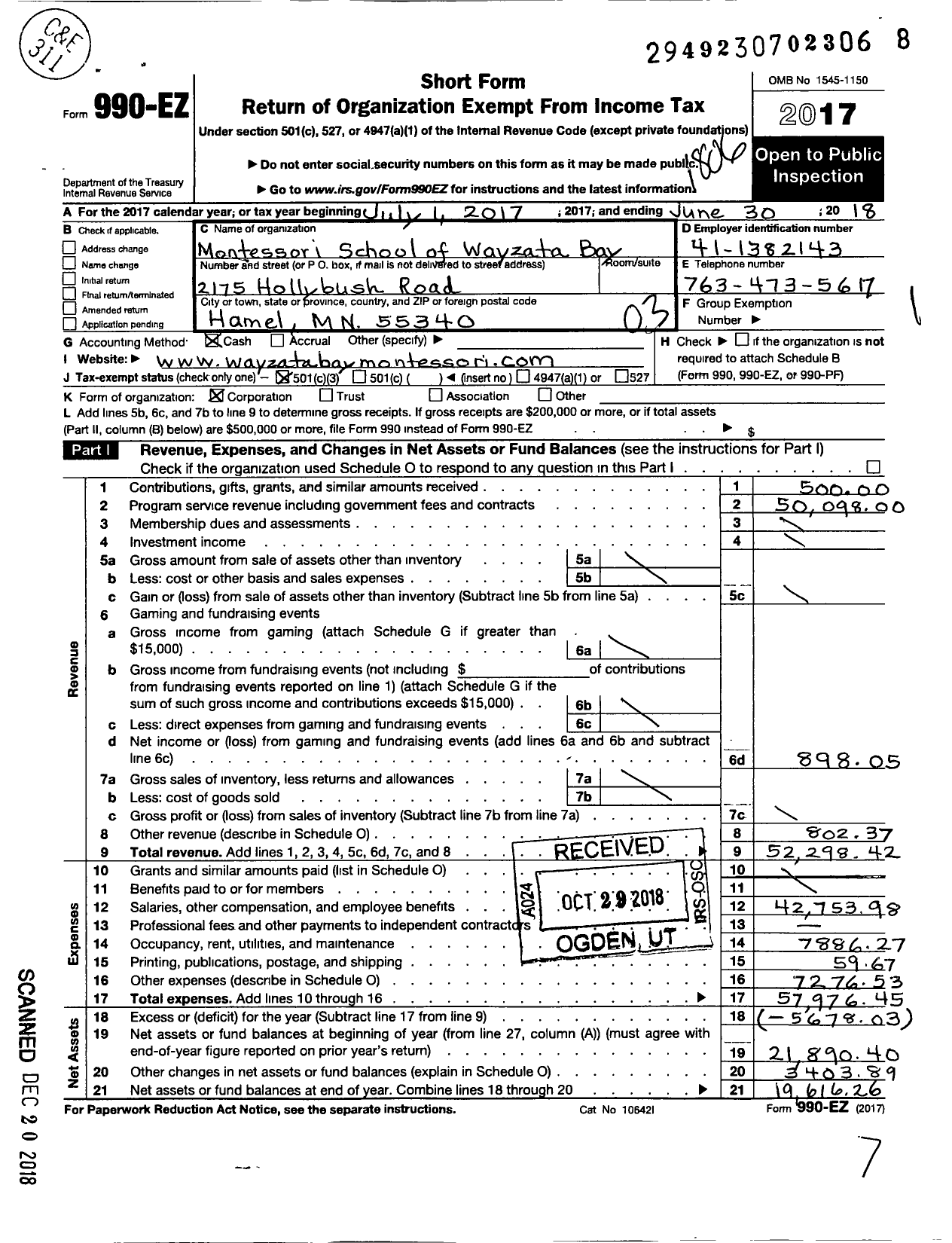 Image of first page of 2017 Form 990EZ for Montessori School of Wayzata Bay