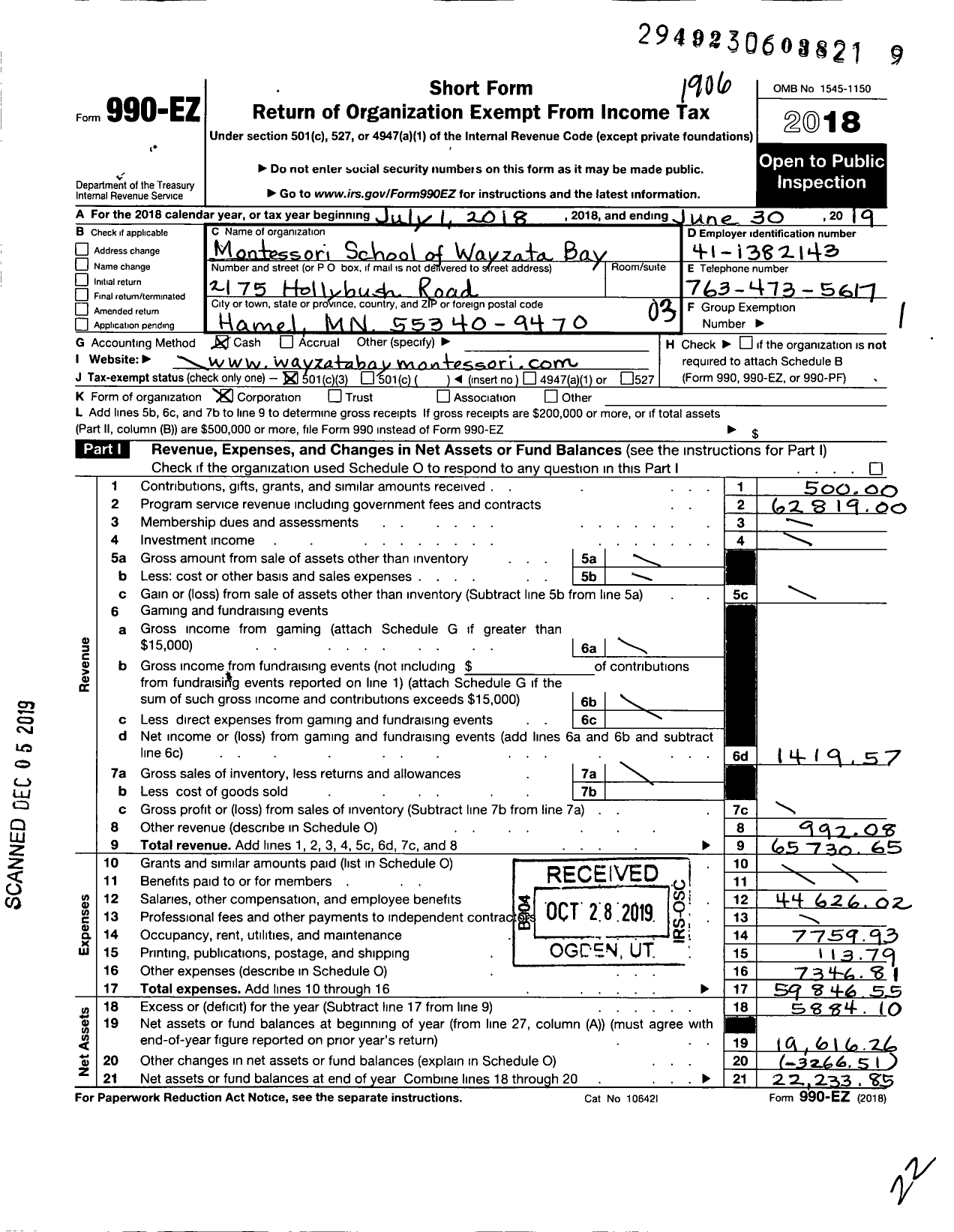 Image of first page of 2018 Form 990EZ for Montessori School of Wayzata Bay