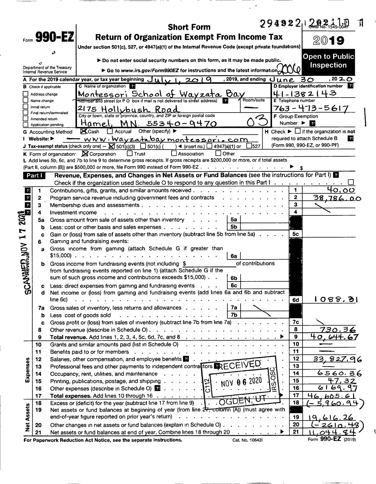 Image of first page of 2019 Form 990EZ for Montessori School of Wayzata Bay