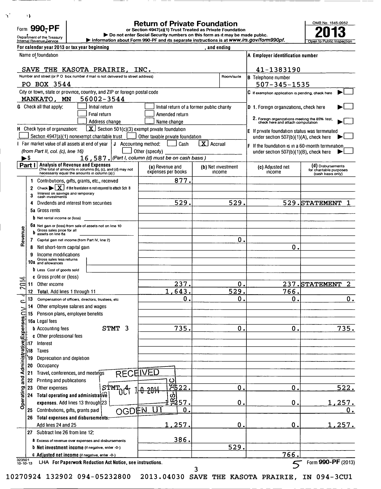 Image of first page of 2013 Form 990PF for Save the Kasota Prairie