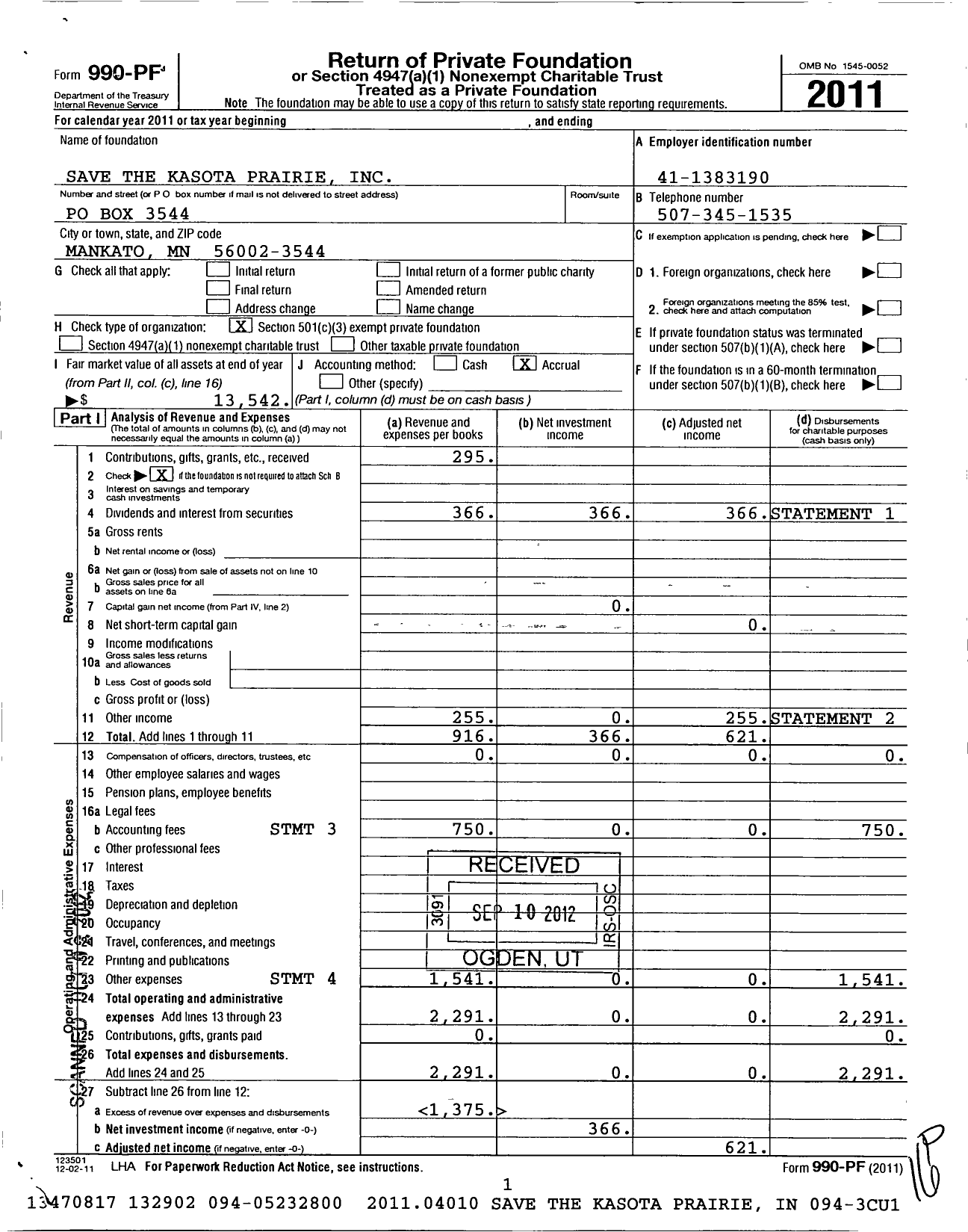 Image of first page of 2011 Form 990PF for Save the Kasota Prairie