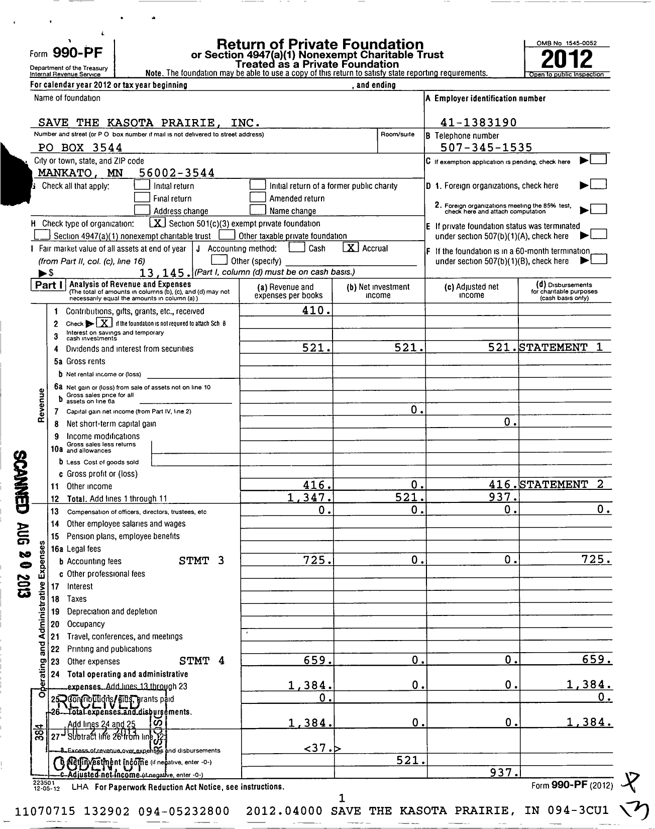 Image of first page of 2012 Form 990PF for Save the Kasota Prairie