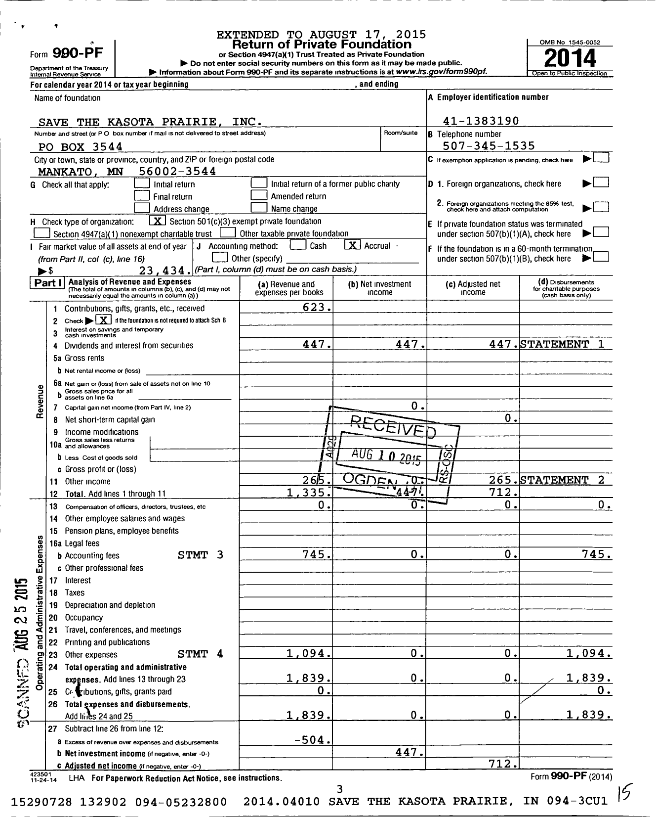 Image of first page of 2014 Form 990PF for Save the Kasota Prairie