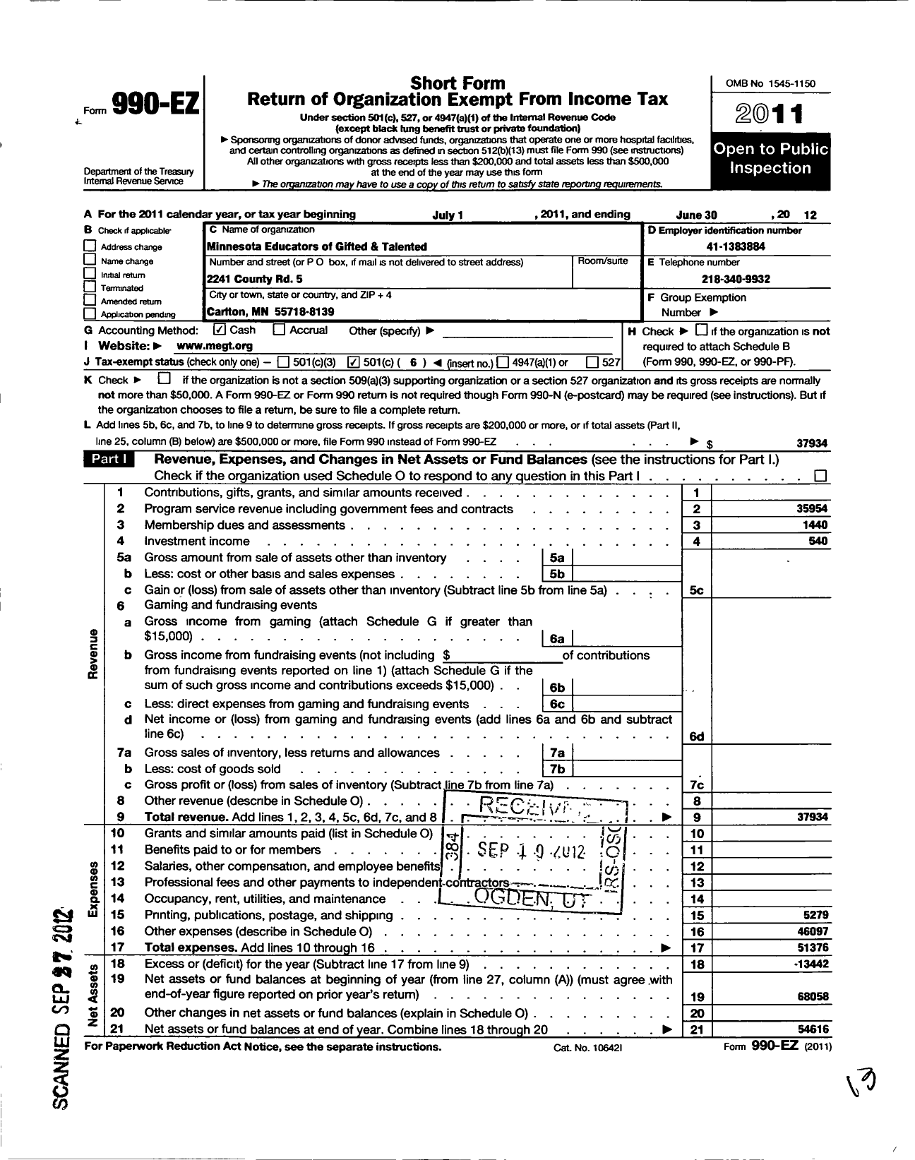 Image of first page of 2011 Form 990EO for Minnesota Educators of Gifted P Talented