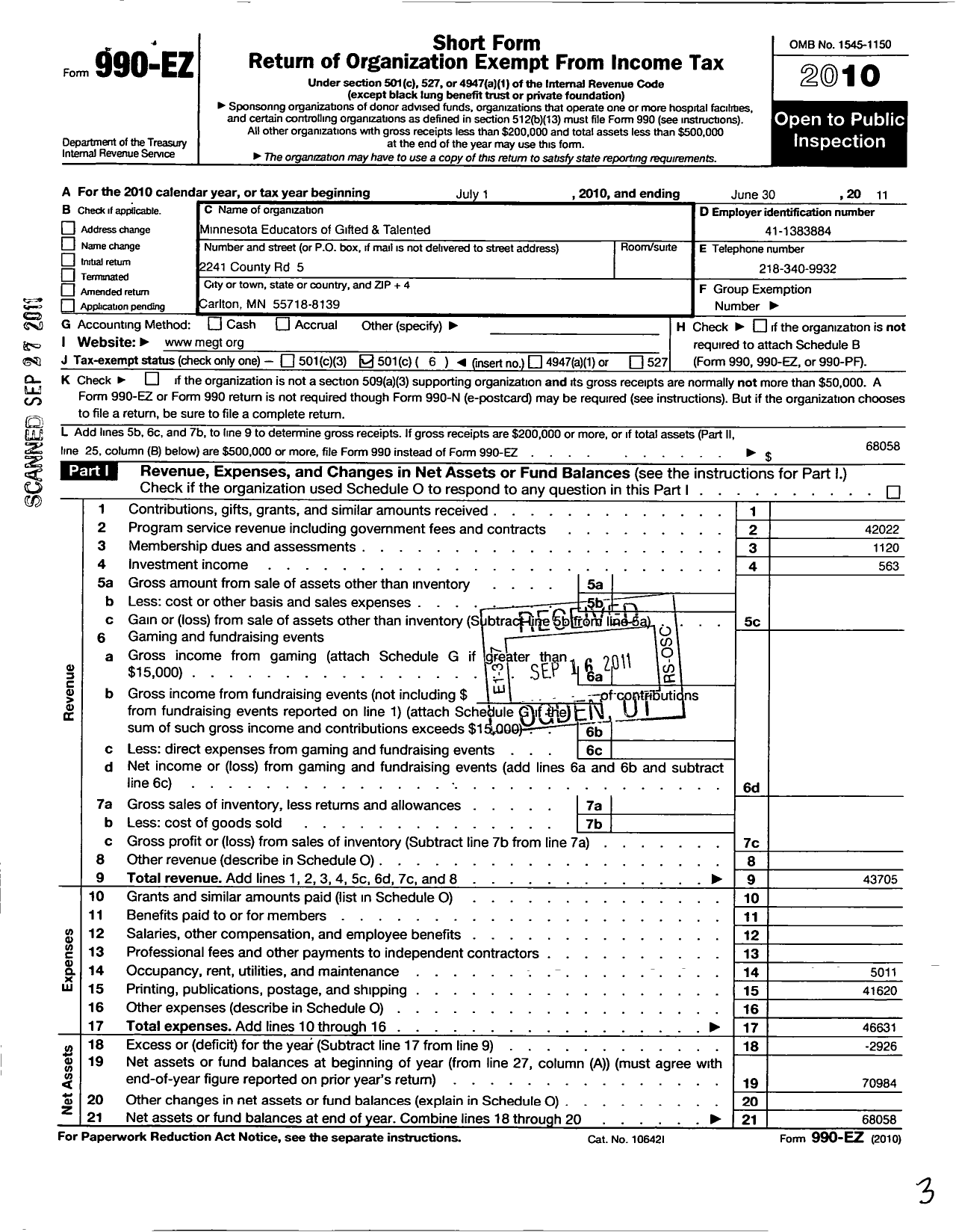 Image of first page of 2010 Form 990EO for Minnesota Educators of Gifted P Talented