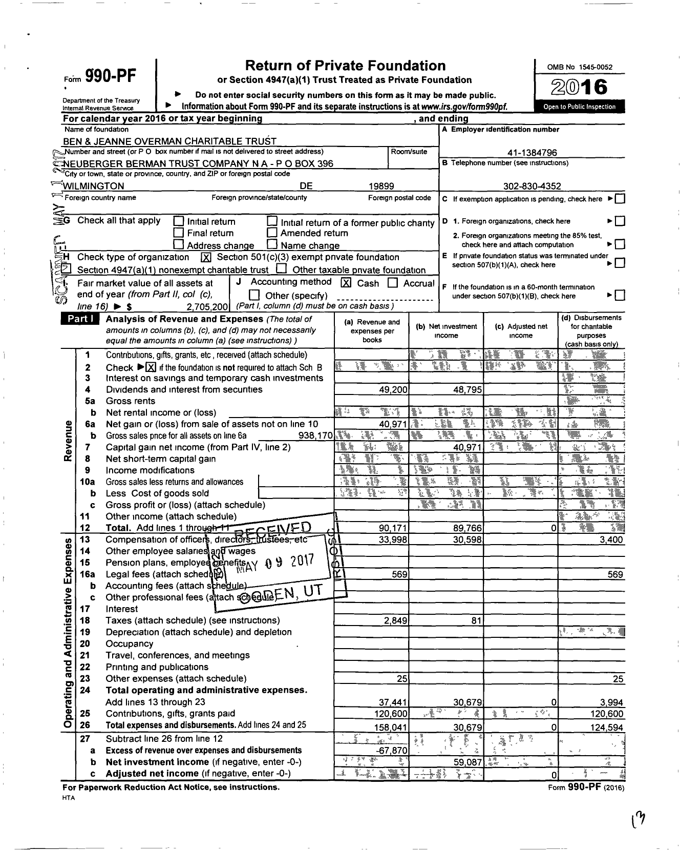 Image of first page of 2016 Form 990PF for Ben and Jeanne Overman Charitable Trust