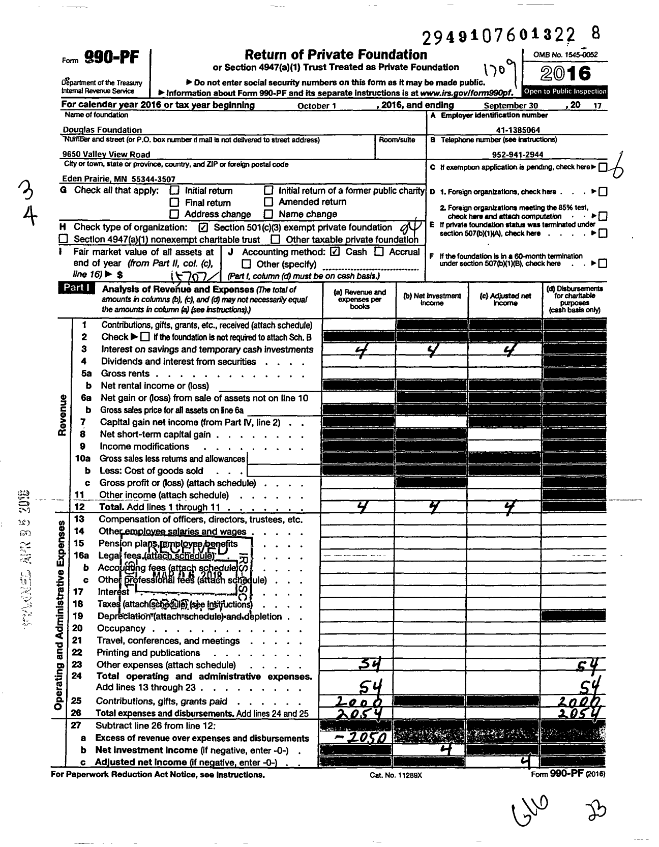 Image of first page of 2016 Form 990PF for Douglas Foundation