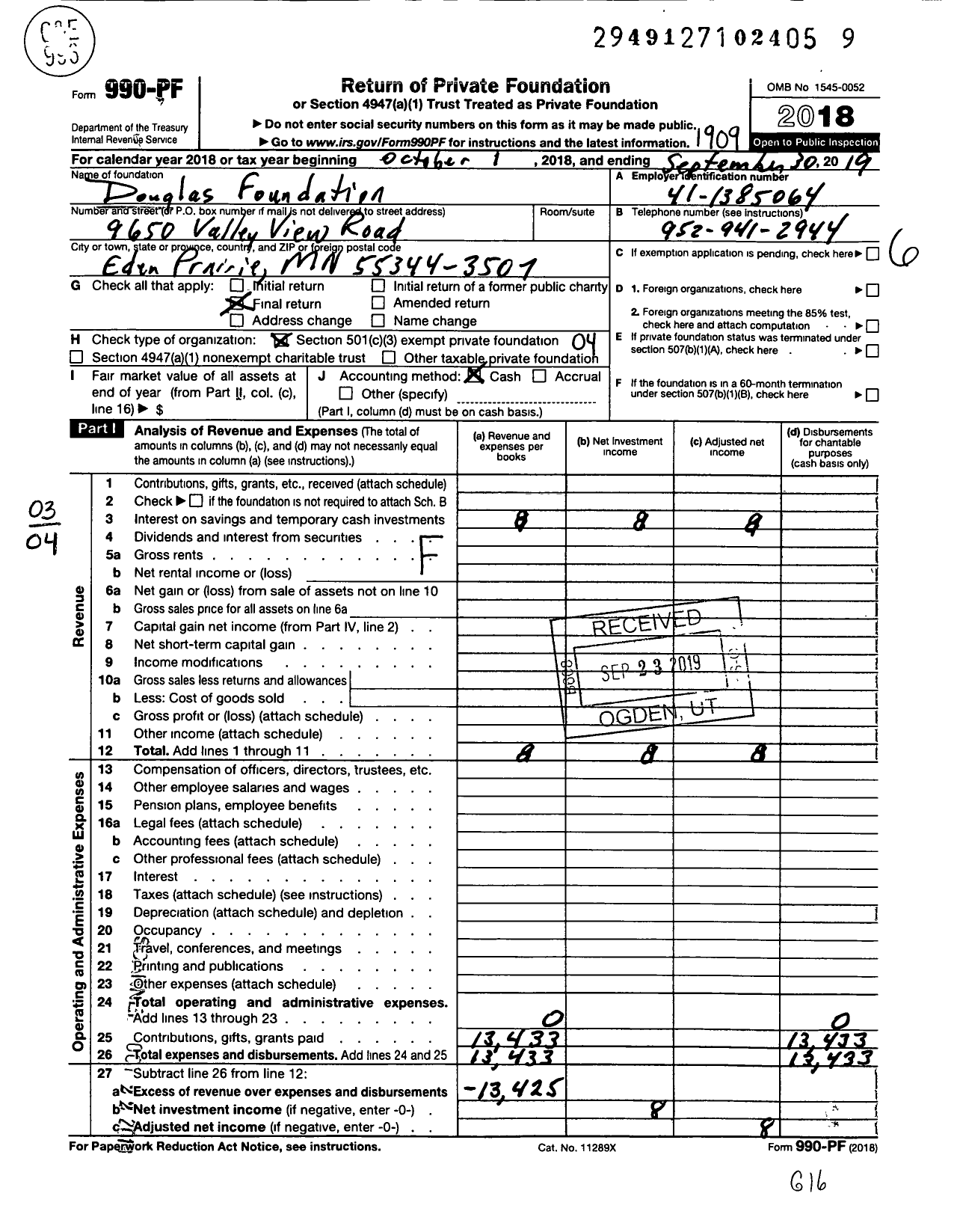 Image of first page of 2018 Form 990PF for Douglas Foundation