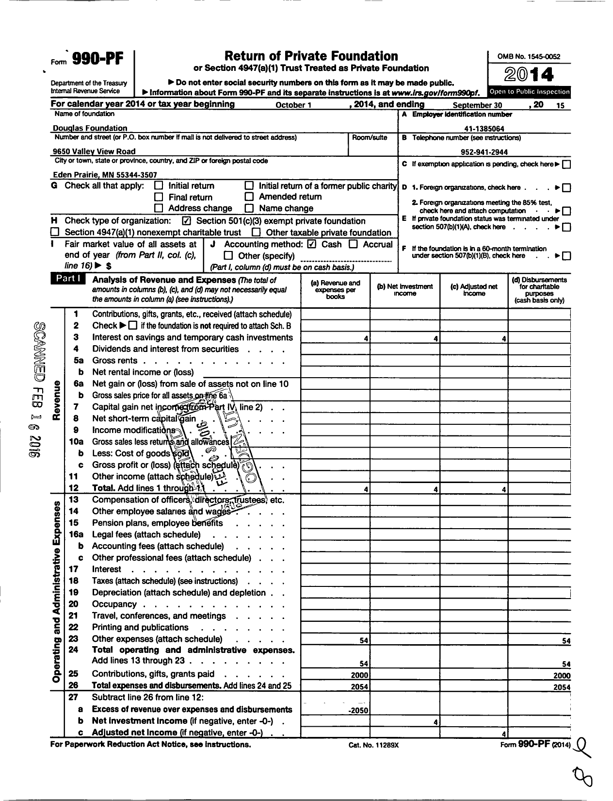 Image of first page of 2014 Form 990PF for Douglas Foundation