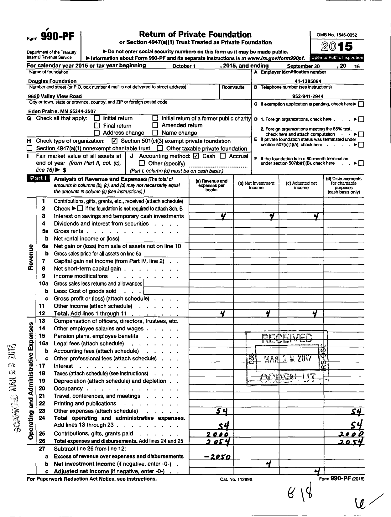 Image of first page of 2015 Form 990PF for Douglas Foundation