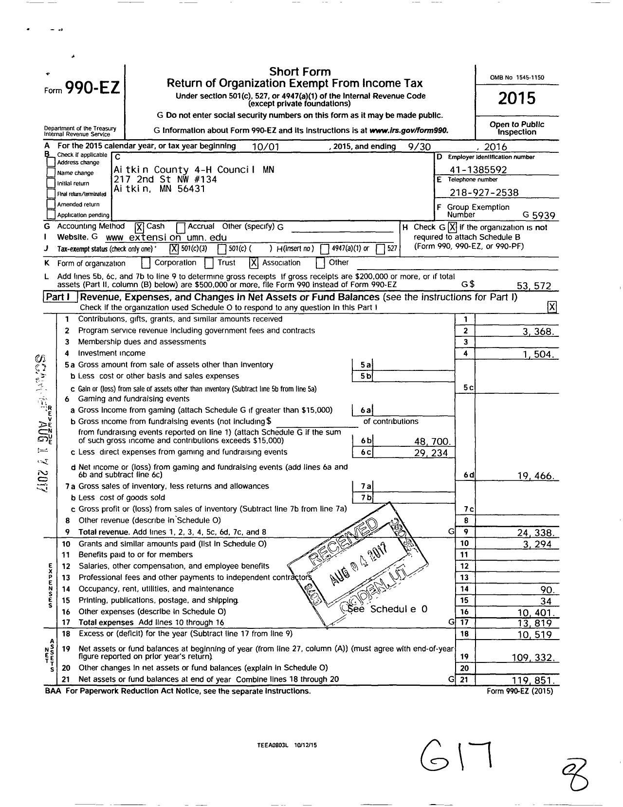 Image of first page of 2015 Form 990EZ for Aitkin County 4-H Council MN