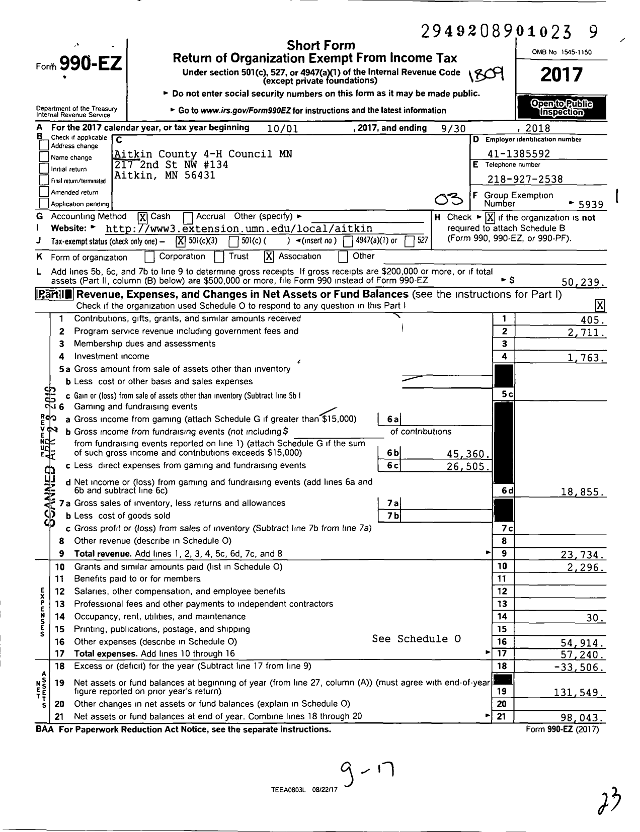 Image of first page of 2017 Form 990EZ for Aitkin County 4-H Council MN