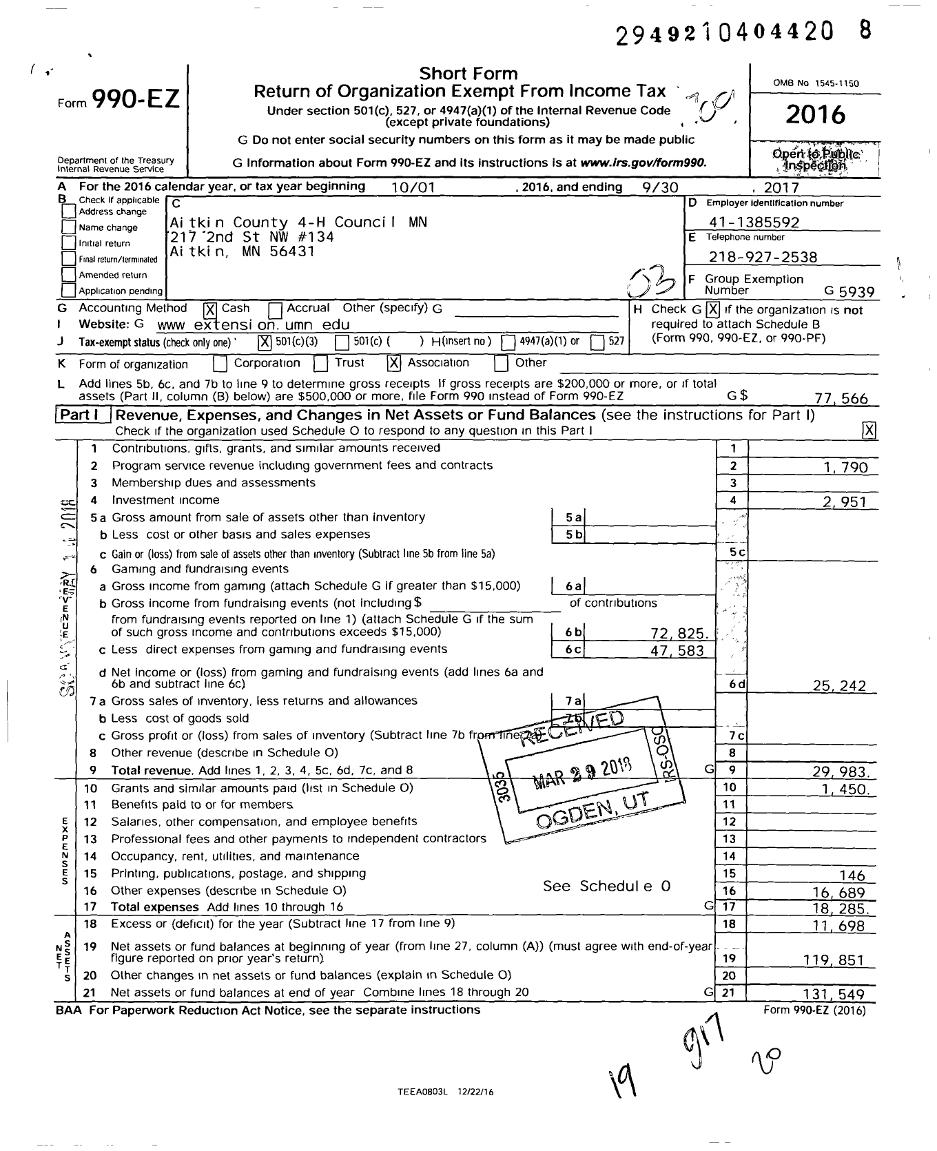 Image of first page of 2016 Form 990EZ for Aitkin County 4-H Council MN