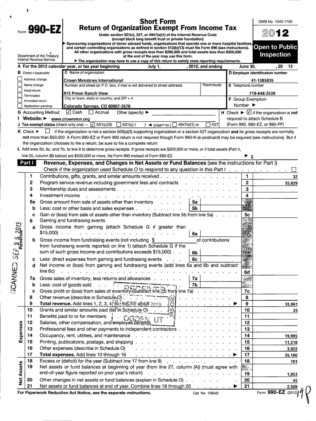 Image of first page of 2012 Form 990EZ for Crown Ministries