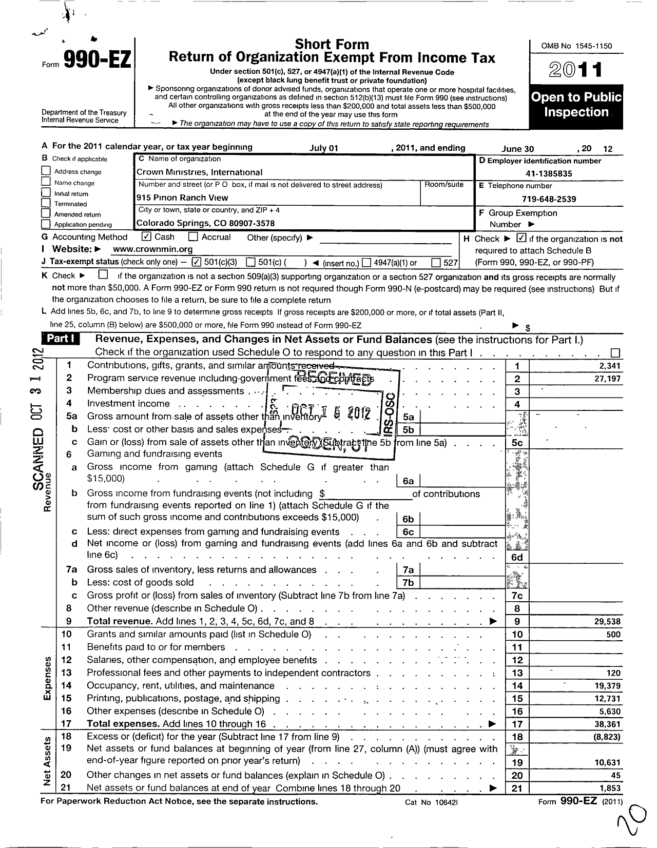 Image of first page of 2011 Form 990EZ for Crown Ministries