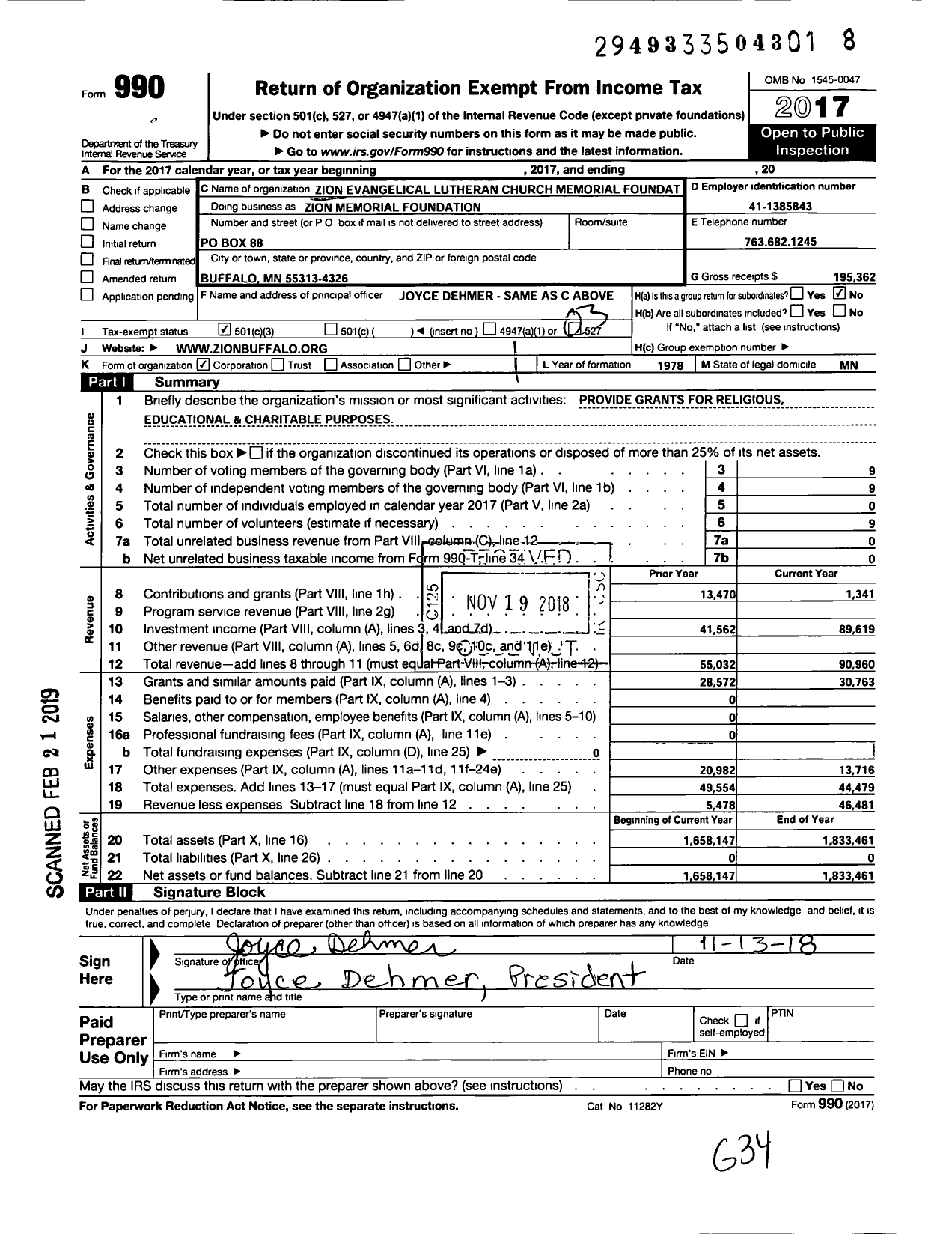 Image of first page of 2017 Form 990 for Zion Evangelical Lutheran Church Memorial