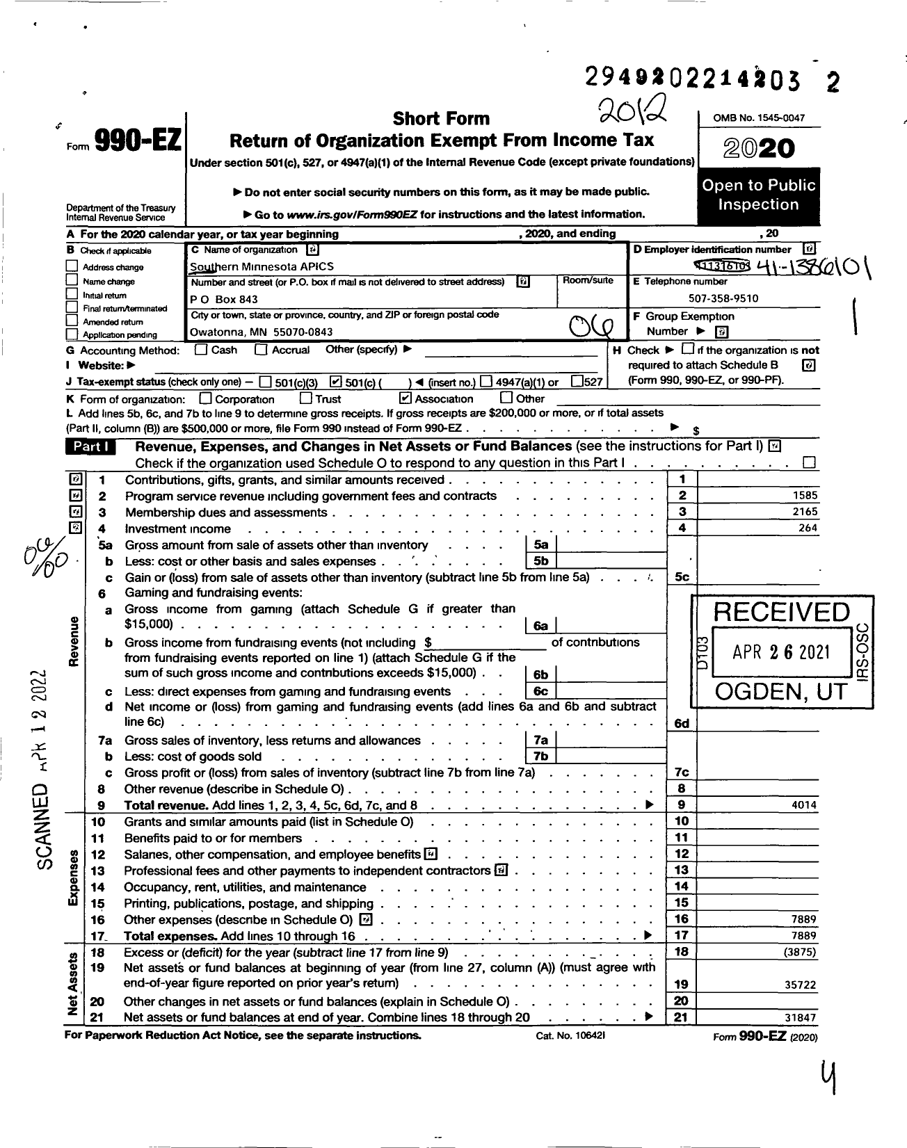 Image of first page of 2020 Form 990EO for Southern Minnesota Chapter of Apics