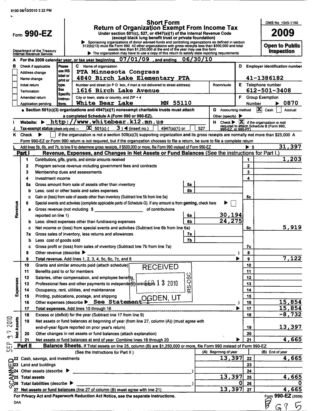 Image of first page of 2009 Form 990EZ for Birch Lake Elementary PTA