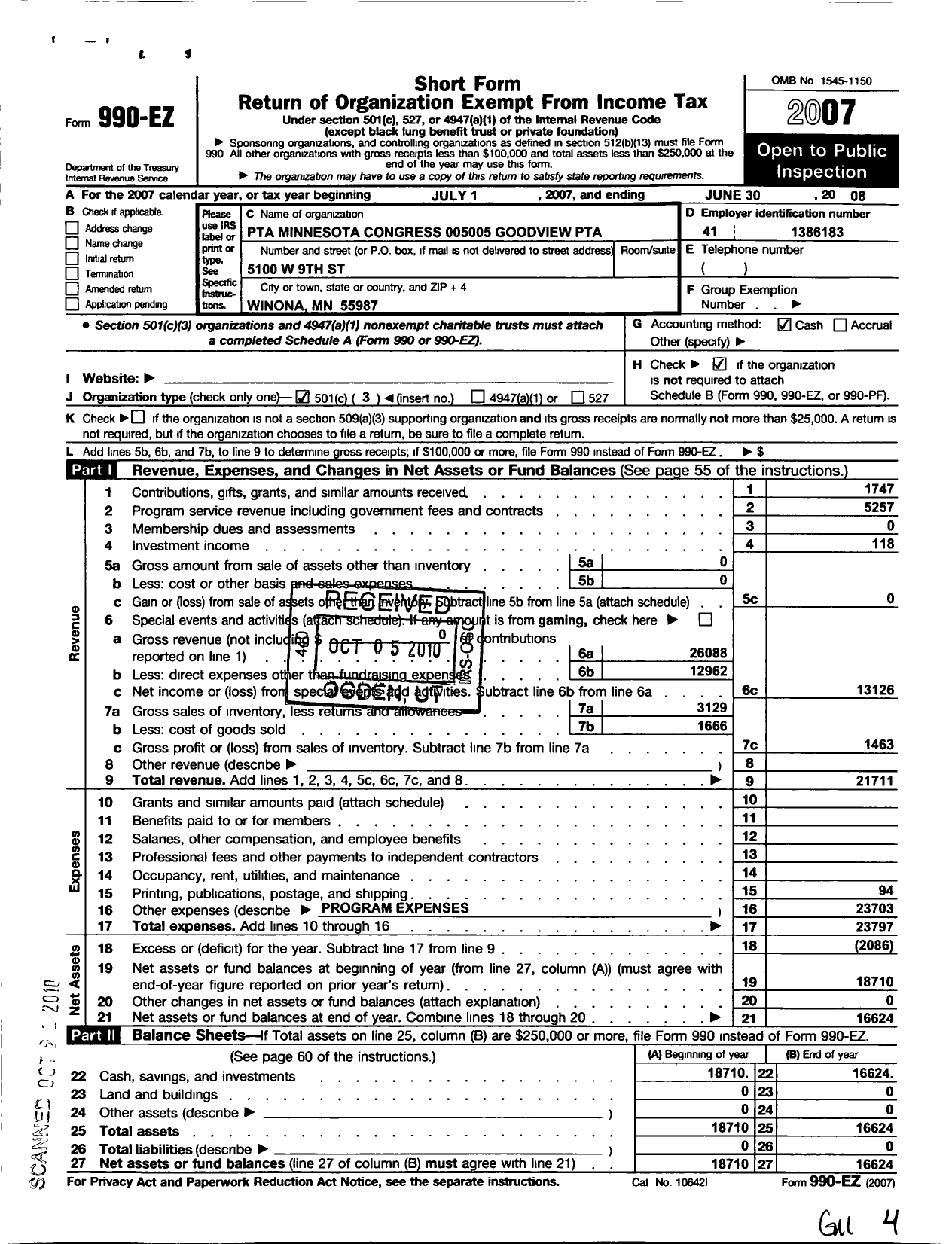 Image of first page of 2007 Form 990EZ for Goodview PTA