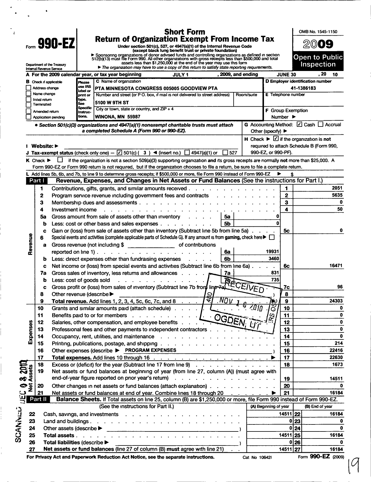 Image of first page of 2009 Form 990EZ for Goodview PTA