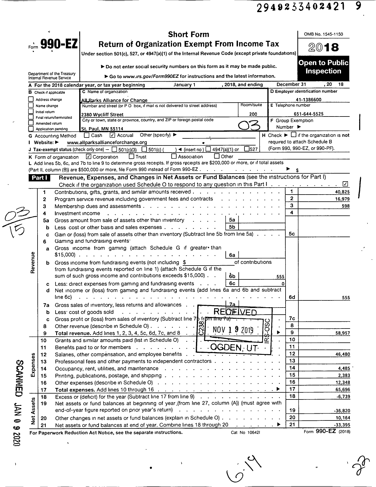 Image of first page of 2018 Form 990EZ for All Parks Alliance for Change