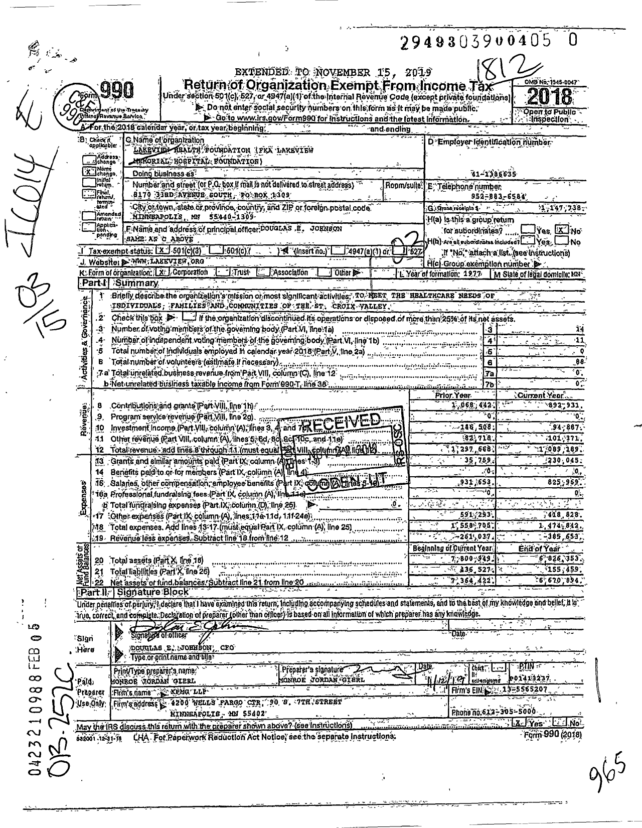 Image of first page of 2018 Form 990 for Lakeview Health Foundation