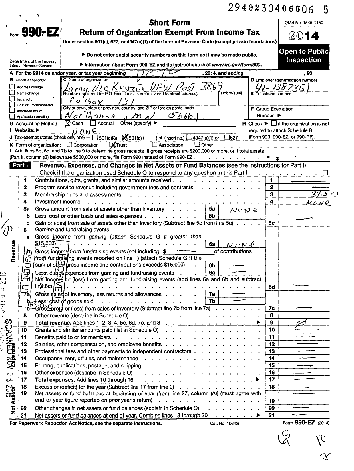 Image of first page of 2014 Form 990EO for MN VFW - 3869 Larry Mckenzie Post