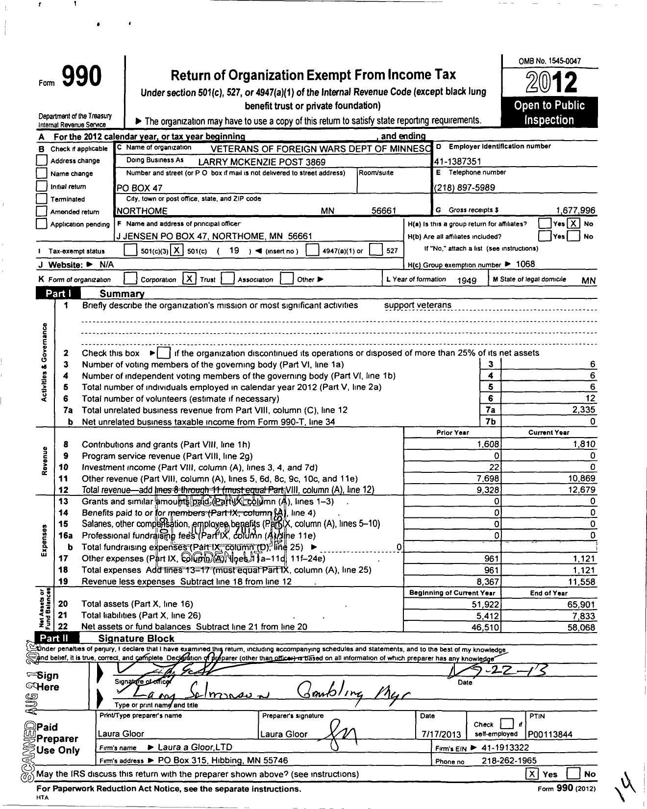 Image of first page of 2012 Form 990O for MN VFW - 3869 Larry Mckenzie Post