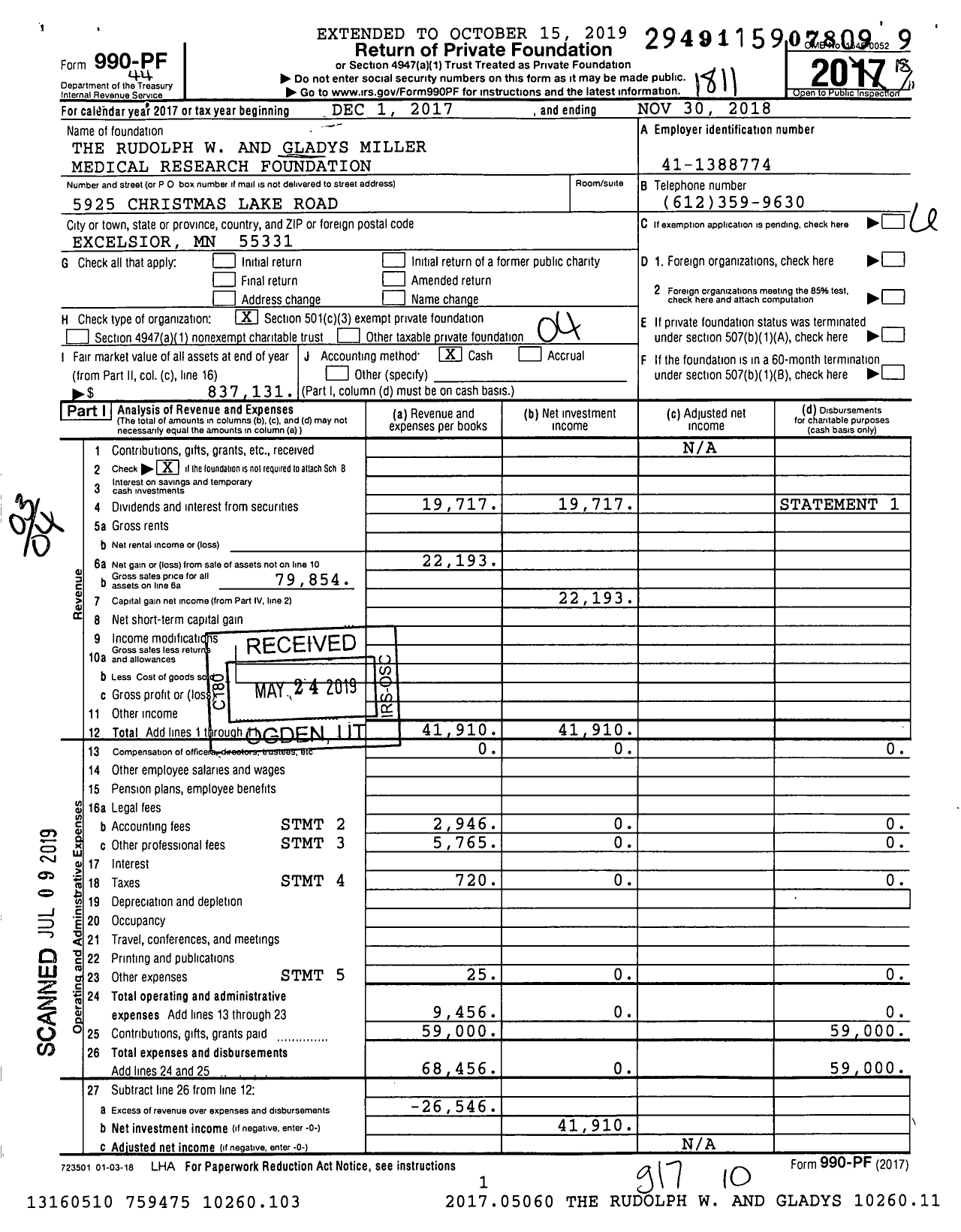 Image of first page of 2017 Form 990PF for The Rudolph W and Gladys Miller Medical Research Foundation