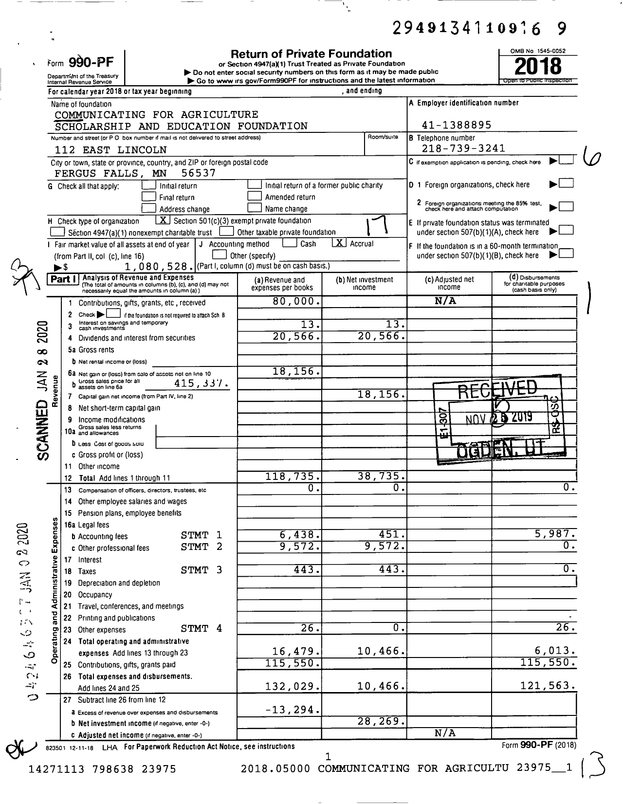 Image of first page of 2018 Form 990PF for Communicating for Agriculture Scholarship and Education Foundation