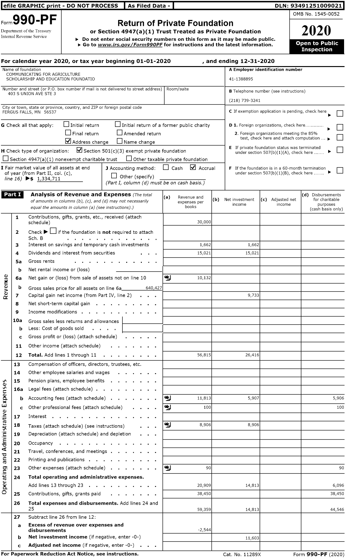 Image of first page of 2020 Form 990PF for Communicating for Agriculture Scholarship and Education Foundation