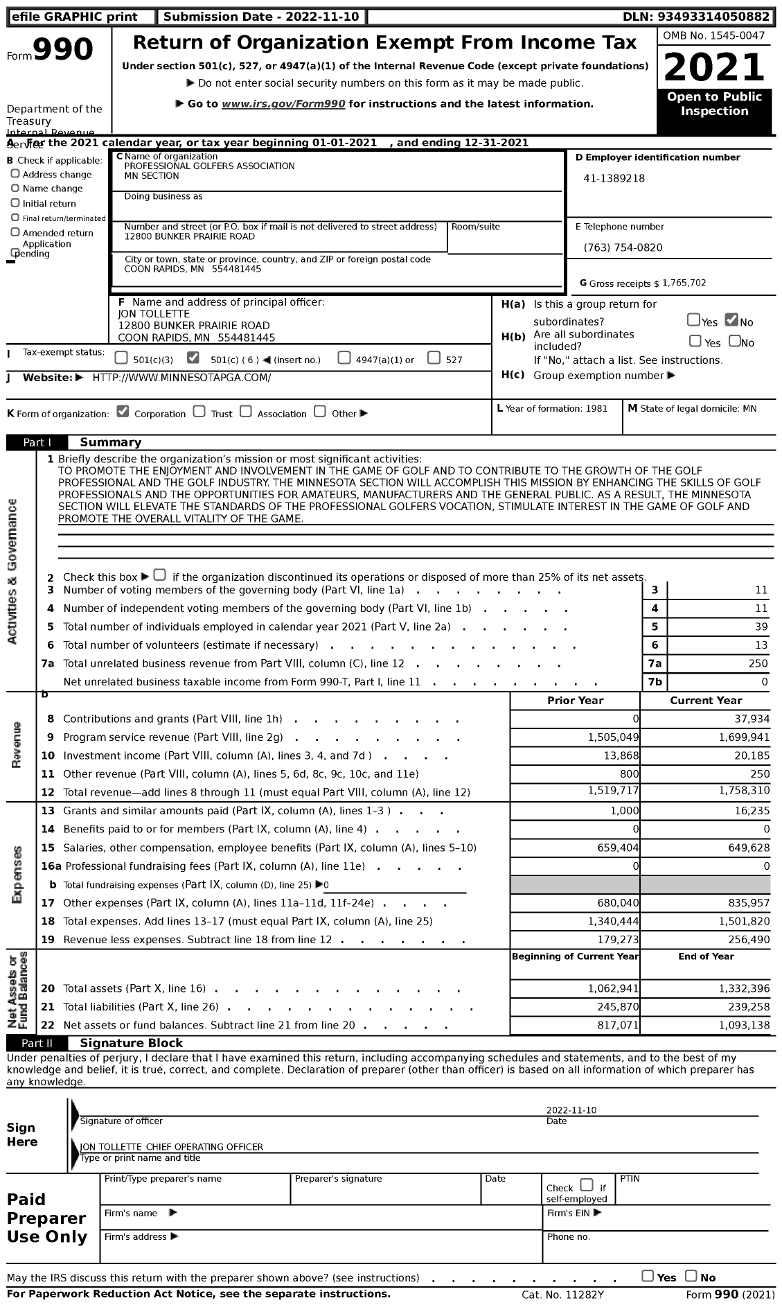 Image of first page of 2021 Form 990 for Professional Golfers Association MN Section