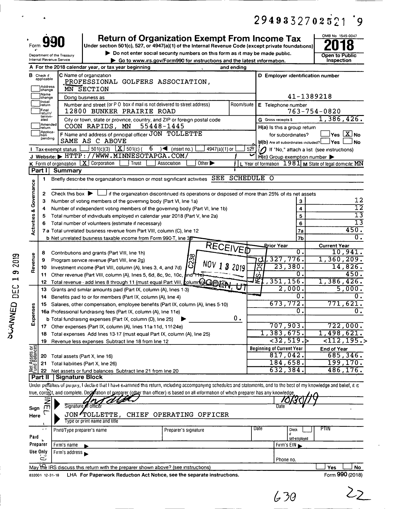 Image of first page of 2018 Form 990O for Professional Golfers Association MN Section