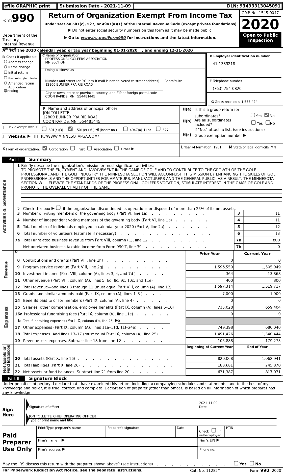 Image of first page of 2020 Form 990 for Professional Golfers Association MN Section