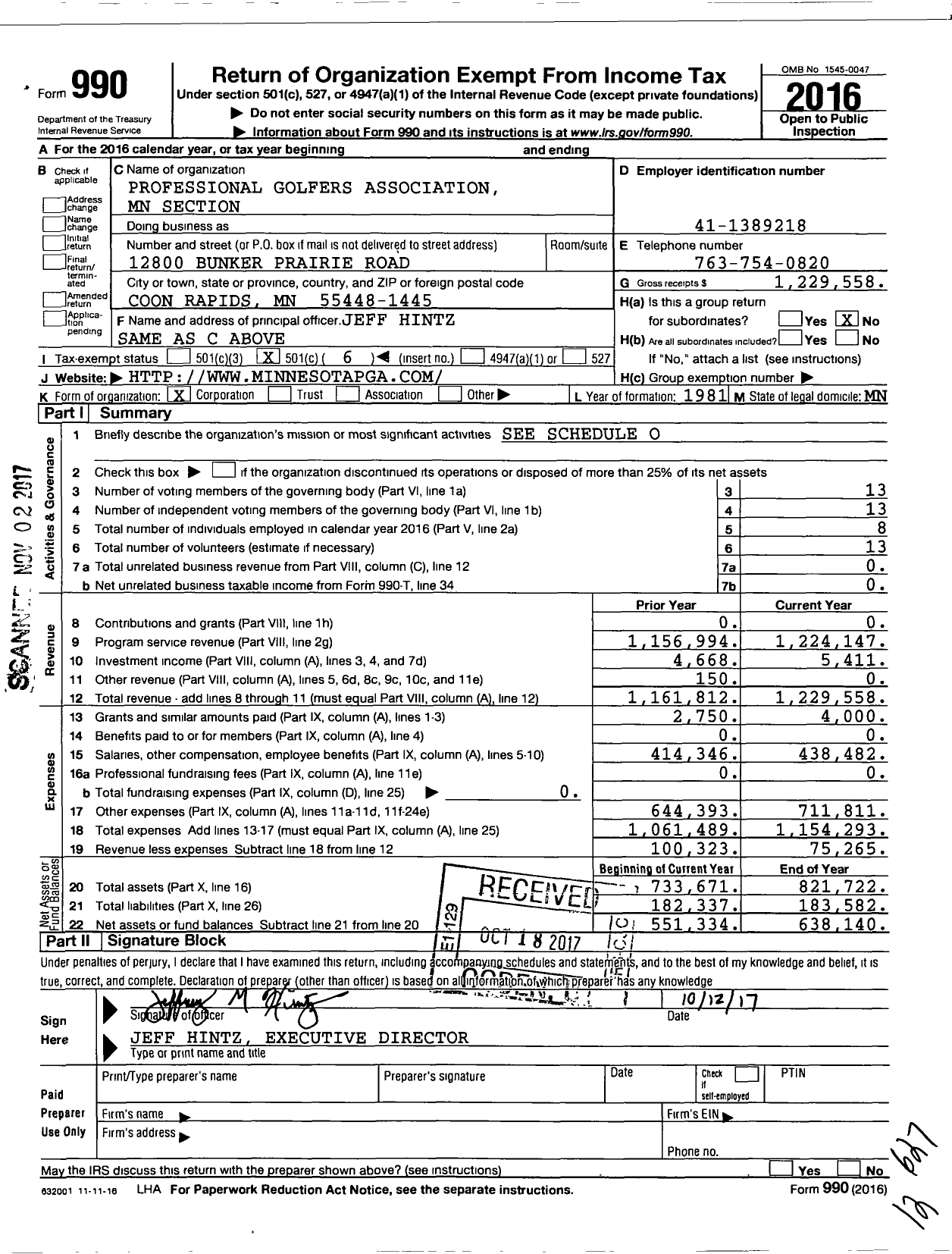 Image of first page of 2016 Form 990O for Professional Golfers Association MN Section