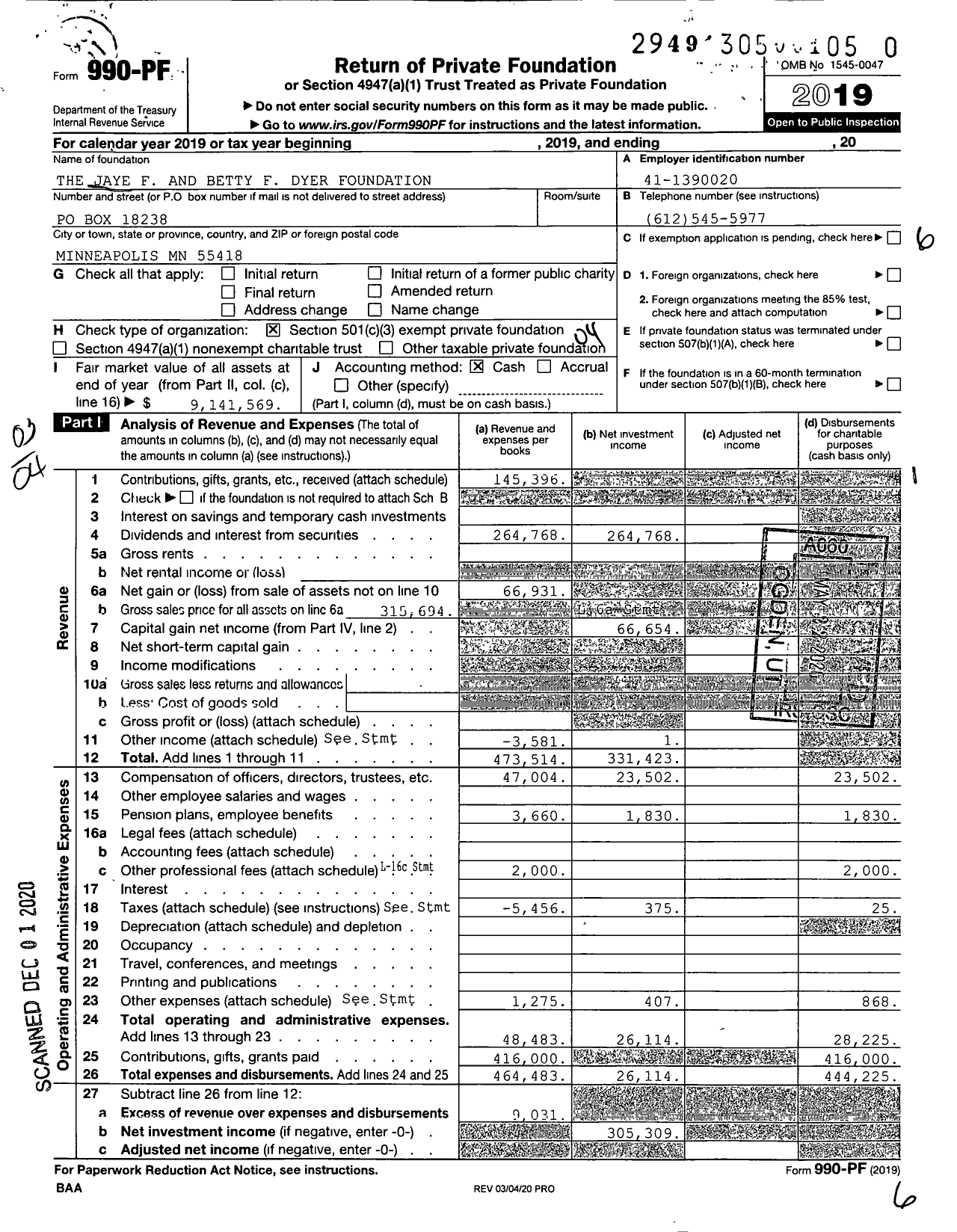 Image of first page of 2019 Form 990PF for The Jaye F and Betty F Dyer Foundation