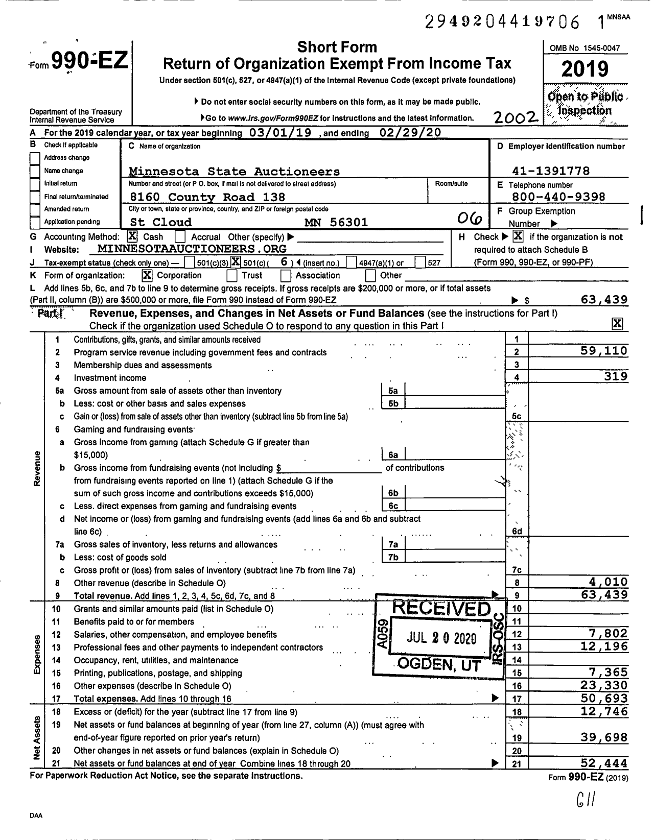 Image of first page of 2019 Form 990EO for Minnesota State Auctioneers