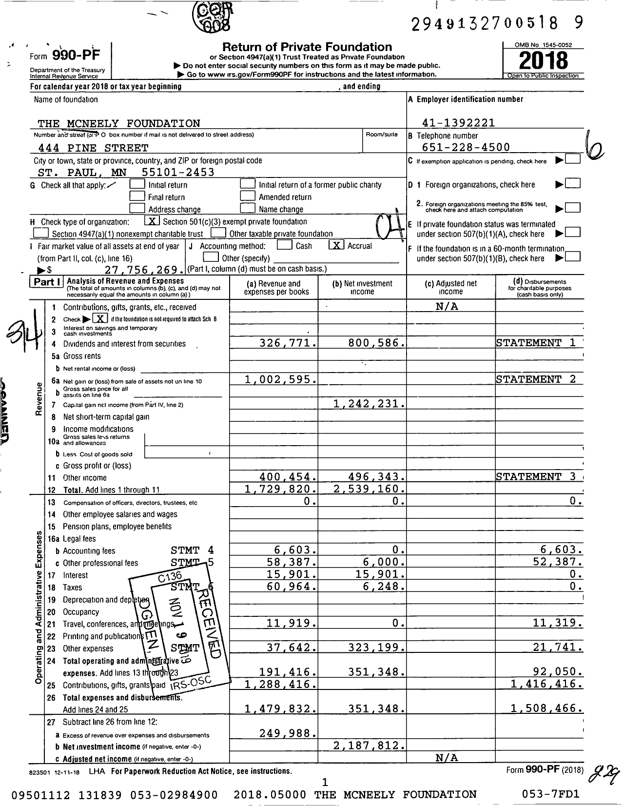 Image of first page of 2018 Form 990PF for The Mcneely Foundation