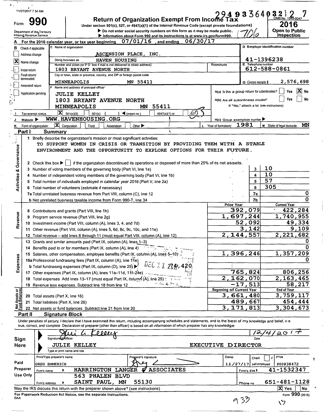 Image of first page of 2016 Form 990 for Haven Housing