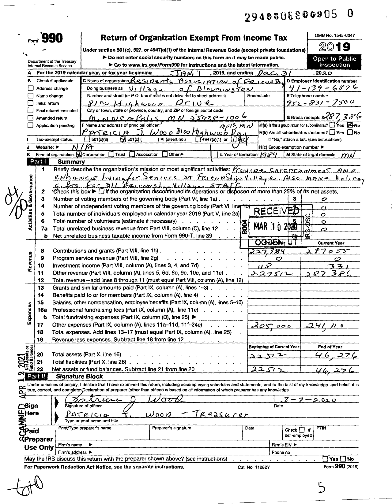 Image of first page of 2020 Form 990O for Residents Association of Friendship Village-Bloomington