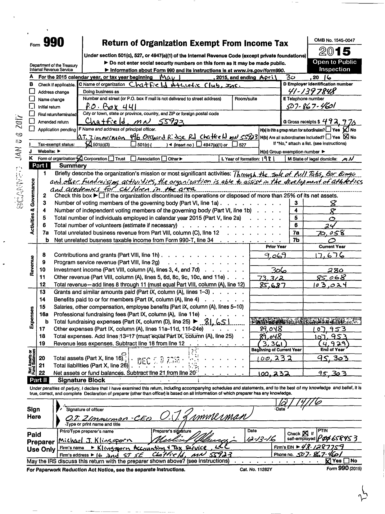 Image of first page of 2015 Form 990 for Chatfield Athletic Club